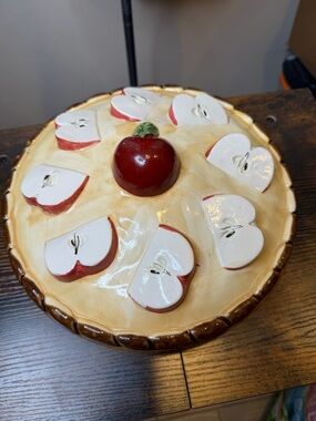 Vintage Ceramic Apple Pie Covered Dish - Red & Cream